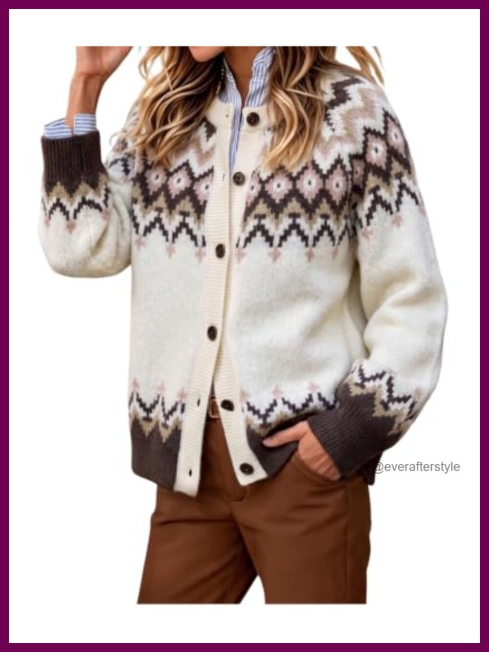 Fair Isle Knit Cardigan Button Front Long Sleeve Crew Neck Sweater